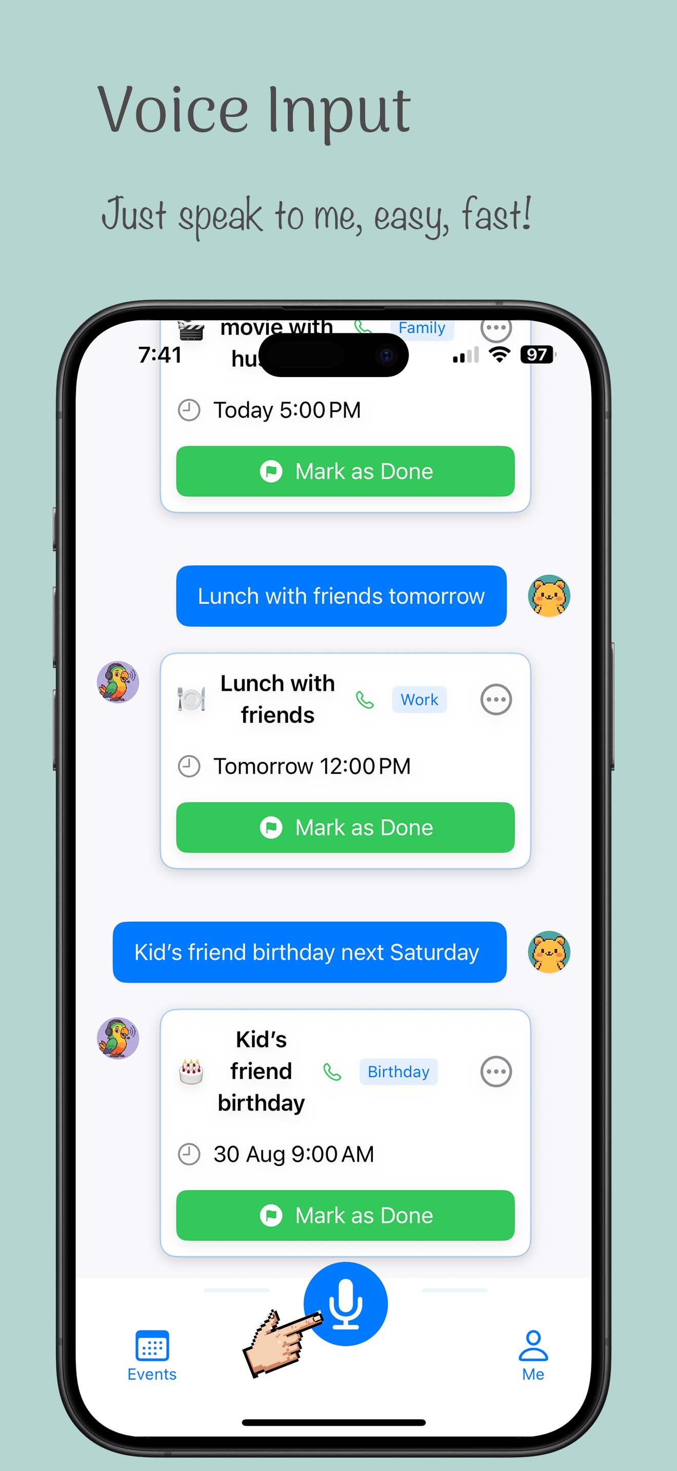 Voice input — just speak, and Remy creates the reminder