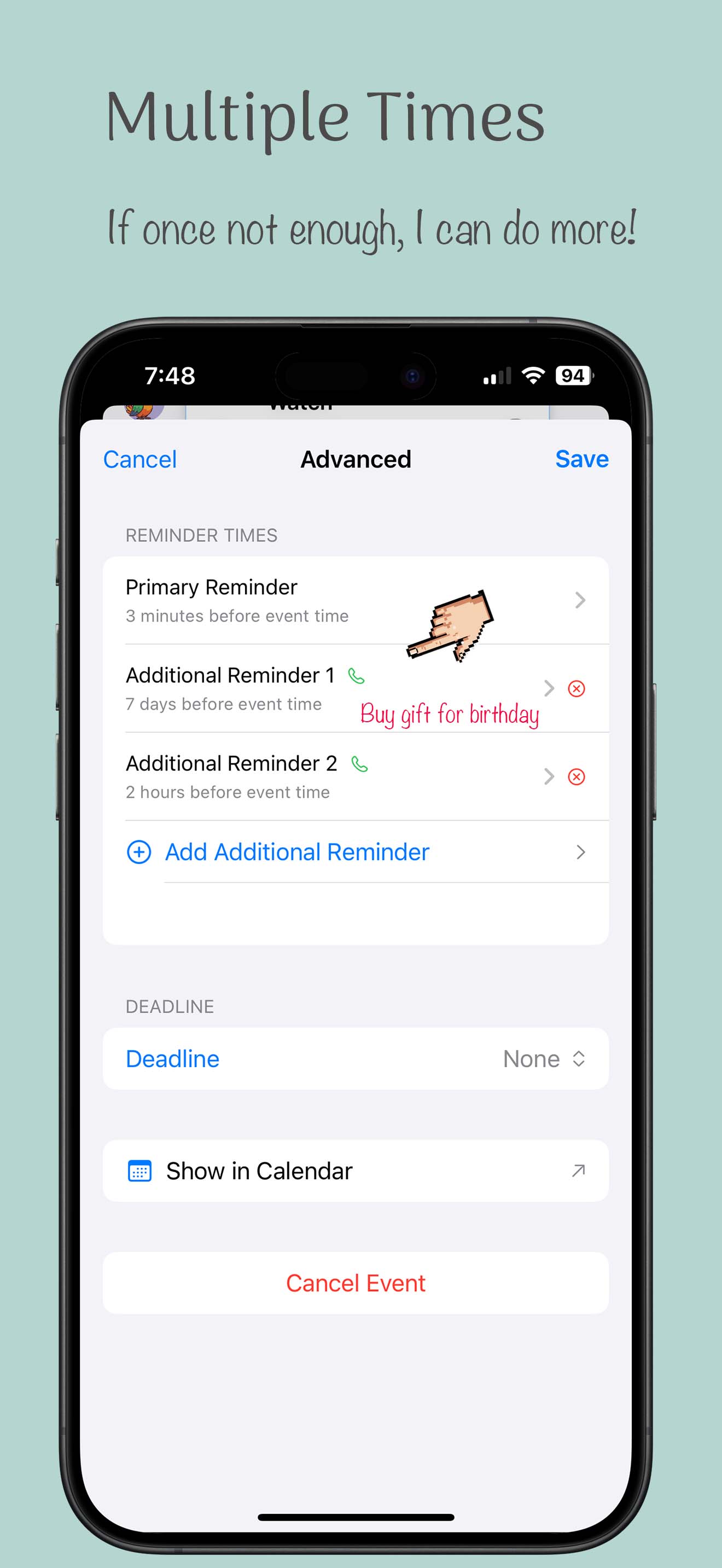 Multiple reminder times per event, days or hours ahead