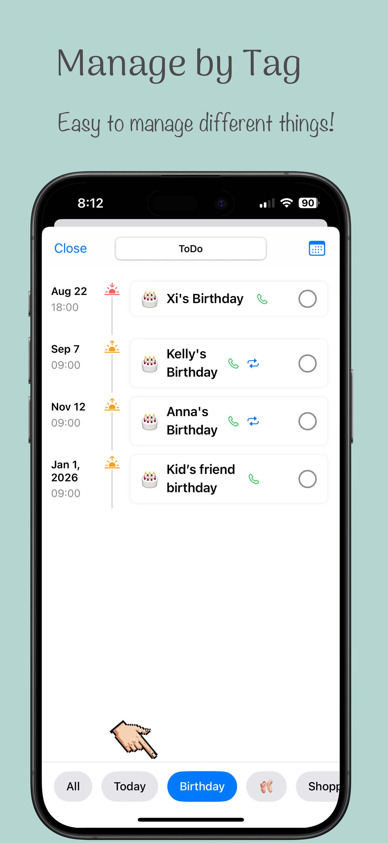 Manage events by tag — birthdays, shopping, and more