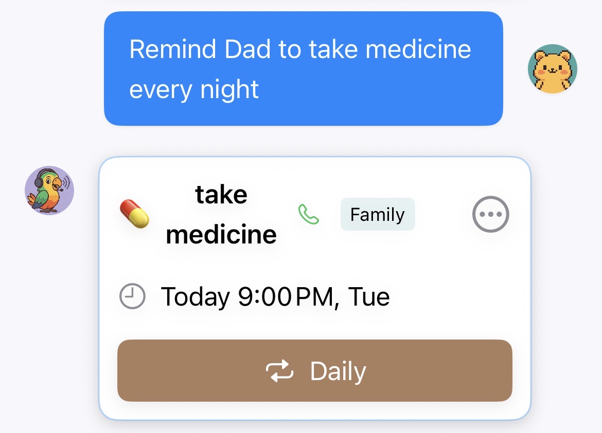Saying 'Remind Dad to take medicine every night' creates a daily 9pm family reminder